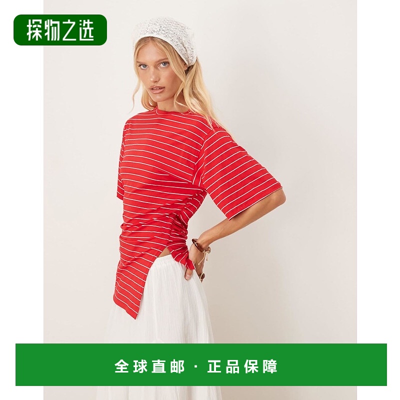 香港直邮ASOS 女士 设计条纹不对称紧身侧边红色T恤