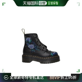 女士黑色皮革蓝色花朵印花图案拉链马丁靴 欧洲直邮DR. MARTENS