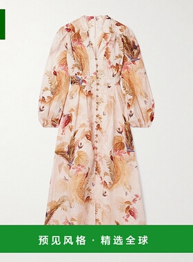 1h可退 香港直邮ZIMMERMANN 女士 Ascension 印花亚麻中长连衣裙