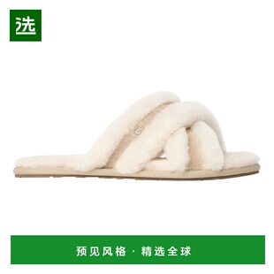 欧洲直邮UGG24新款 女士白色羊皮混纺交叉绑带麂皮饰边棉拖鞋厚底