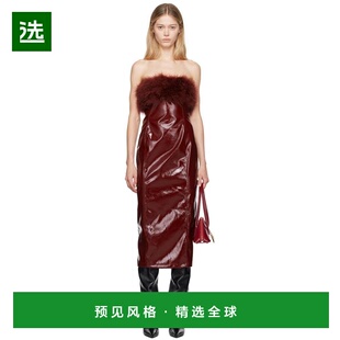 1h可退 【美国直邮】Blumarine|勃艮第 Marabou 羽毛仿皮中长连衣