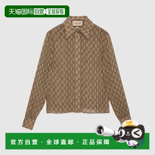 自营欧洲直邮Gucci古驰女士驼色和棕色棋盘真丝衬衫