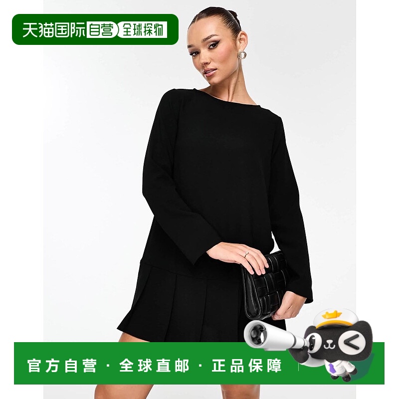 1h可退 香港直邮ASOS 女士 设计长袖低腰方形打褶迷你连衣裙(黑色