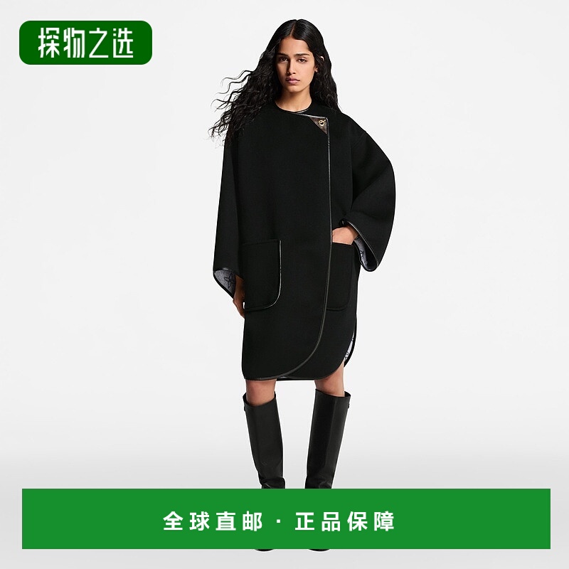 自营欧洲直邮LV路易威登 女士黑色羊毛不对称前襟大衣