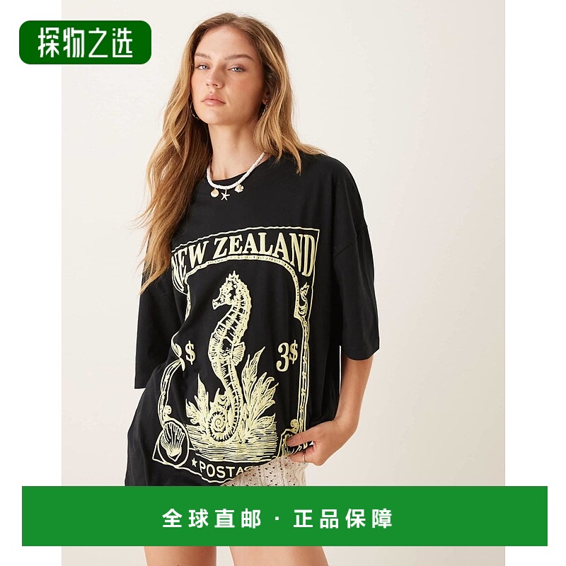 香港直邮ASOS 女士 new zealand 设计宽松款印花T恤(黑色)