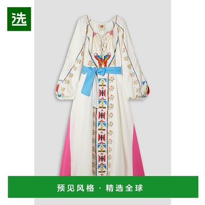 1h可退 香港直邮FARM RIO 女士 串珠精饰刺绣亚麻混纺府绸长款连