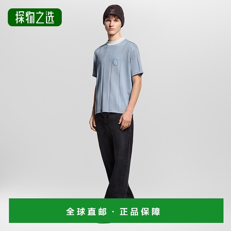自营欧洲直邮LV路易威登 男士天蓝色棉绞花条纹短袖T恤
