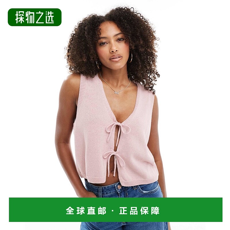 香港直邮ASOS 女士 设计V领针织蝴蝶结前襟绑带粉色背心上衣