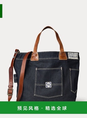 欧洲直邮RALPH LAUREN拉夫劳伦RRL靛蓝色牛仔布托特包，配皮