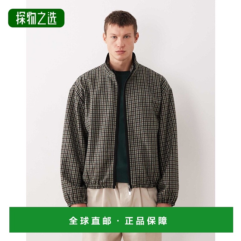 香港直邮ASOS 男士 look 设计宽松款羊毛绿色格纹拉链夹克