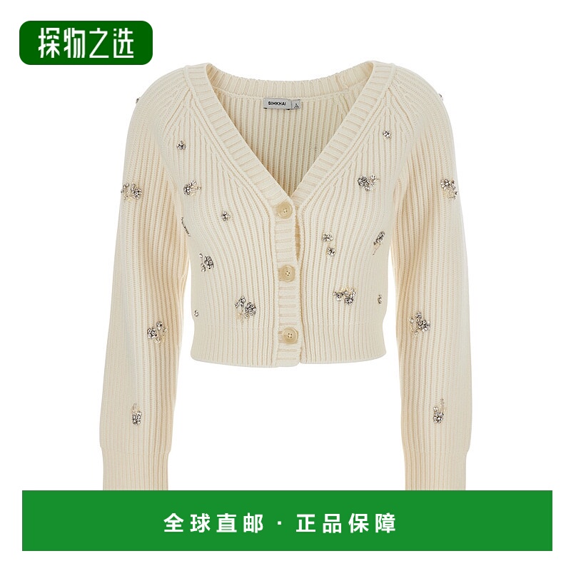 香港直邮Simkhai 女士 'Novah' Rhinestoned 白色短款V领羊毛羊绒