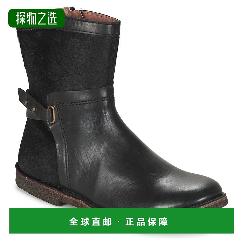 欧洲直邮kickers 女黑色皮革拼接拉链中筒平底复古时尚舒适时装靴