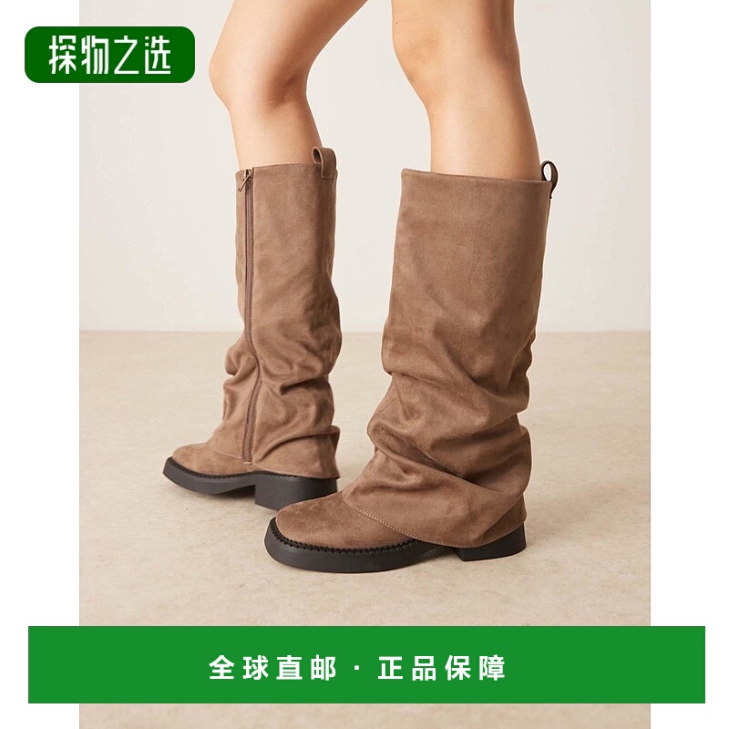 香港直邮ASOS 女士 Caden suedette 设计粗跟翻折平底及膝靴子(米