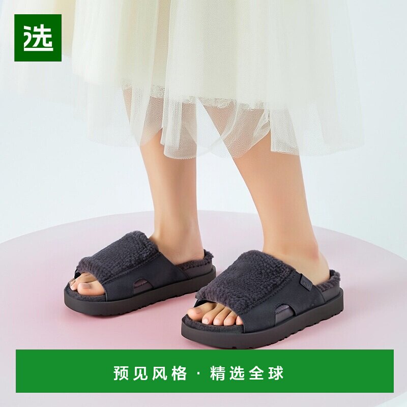 欧洲直邮UGG 女士深黑色拖鞋厚底凉拖凉拖鞋图片