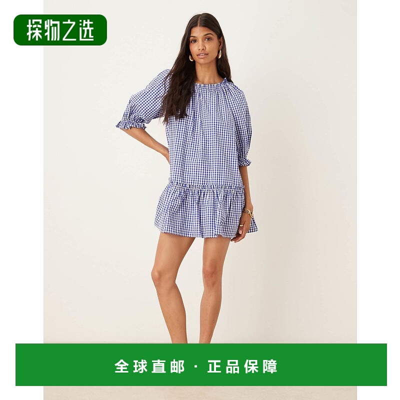 香港直邮ASOS 女士 pep 设计罩衫式下摆方格棉布连衣裙(蓝色)