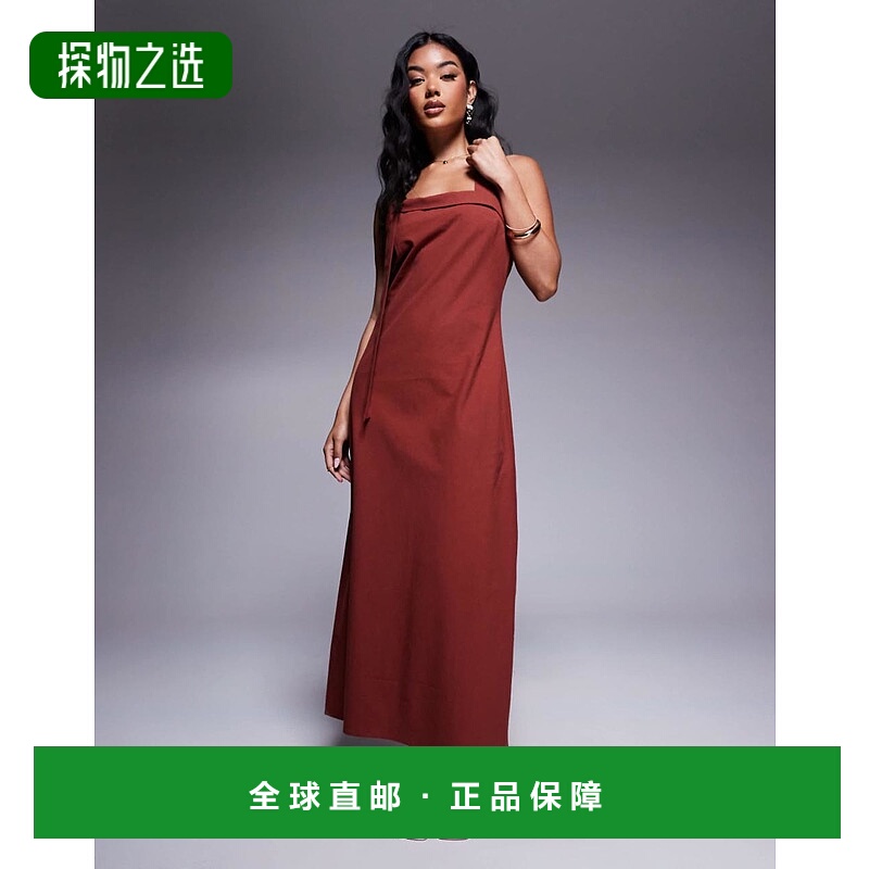 1h可退 香港直邮ASOS 女士 设计挂脖打结棕色长款连衣裙(toasted)