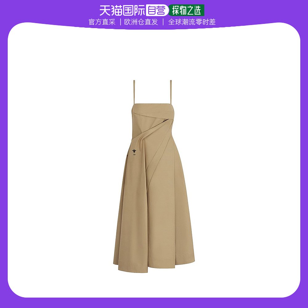 欧洲直邮DIOR/迪奥23新款 女米色棉质华达呢中长款吊带褶裥连衣裙