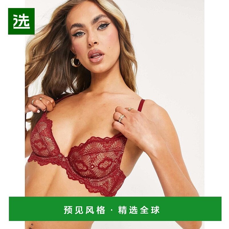 1h可退 香港直邮ASOS 女士 Rosie 设计蕾丝带钢圈酒红色文胸内衣