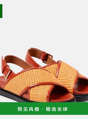 1h可退 香港直邮Marni 玛尼 女士 Fussbet 拉菲草质感凉鞋坡跟