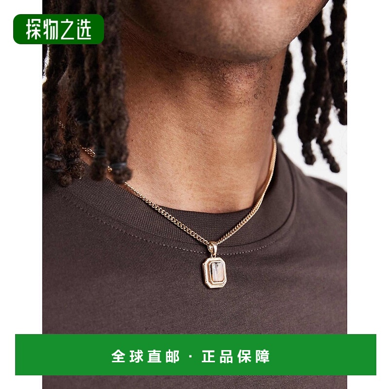 香港直邮ASOS 男士 s 设计方形半宝石虎眼石吊坠项链(金色)