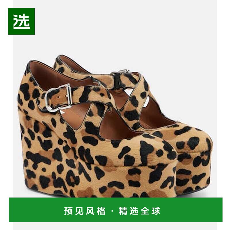 1h可退 香港直邮AlaÏa 女士 十字交叉豹纹小牛毛坡跟鞋女鞋单鞋