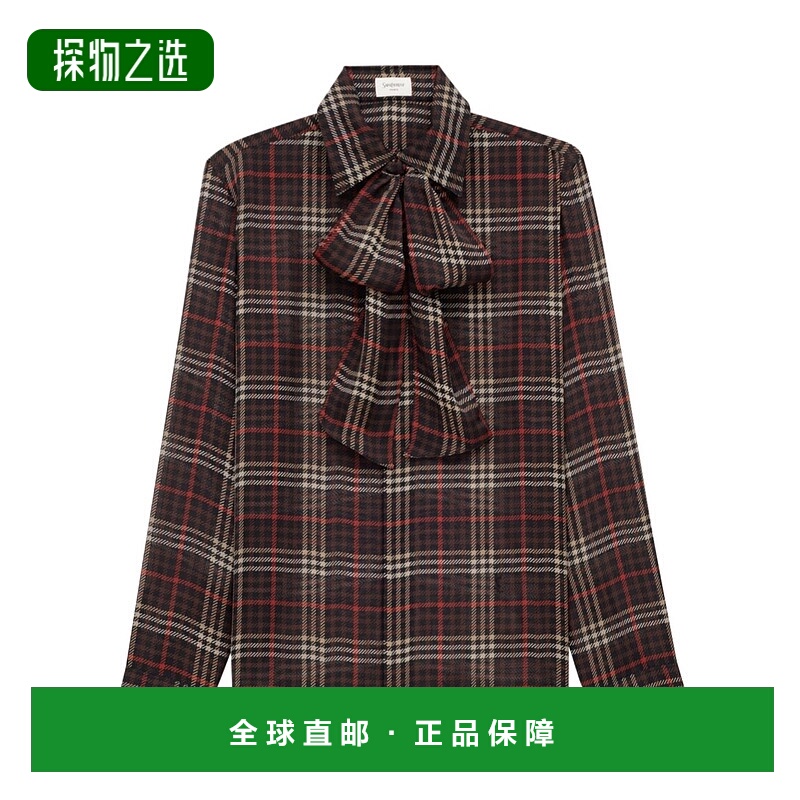 香港直邮Saint Laurent CASSANDRE 格纹真丝绉布衬衫 838125Y3H84