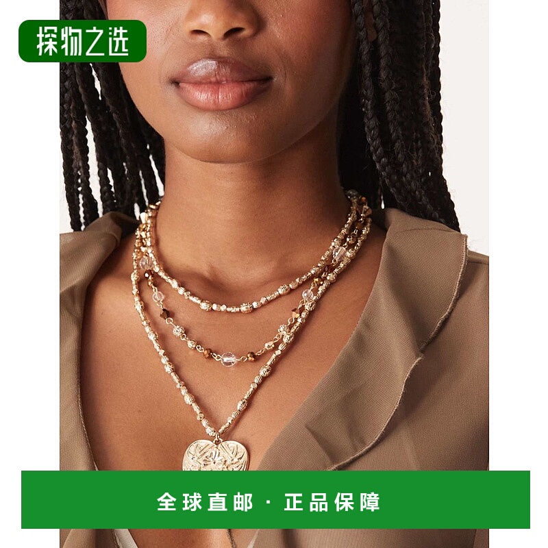 香港直邮ASOS 女士 设计多排多层棕色珠饰大号心形吊坠锤痕金色色