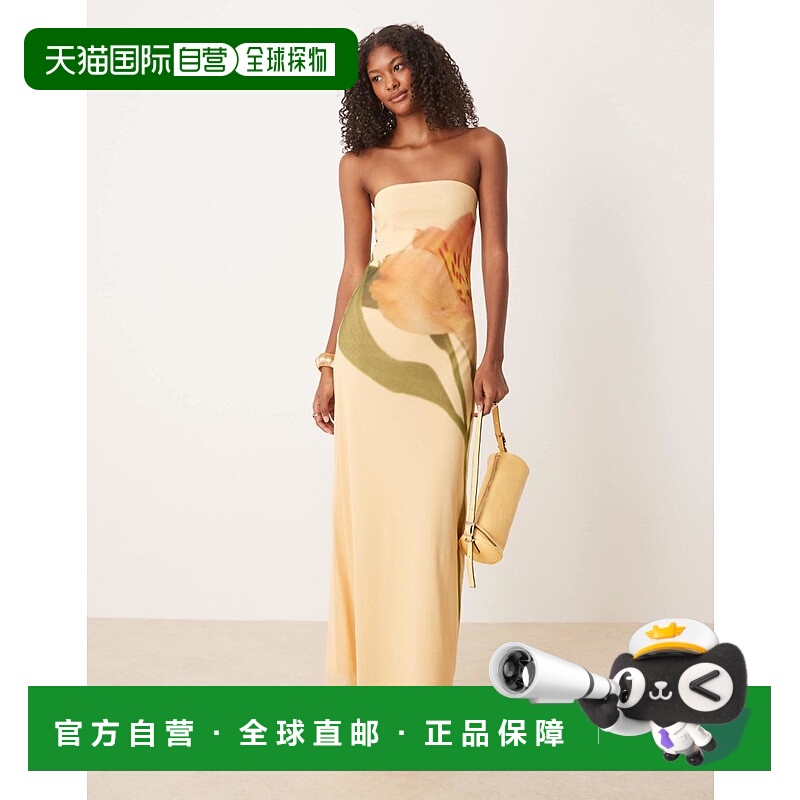 1h可退 香港直邮ASOS 女士 设计网纱花朵拼接印花抹胸长款连衣裙(