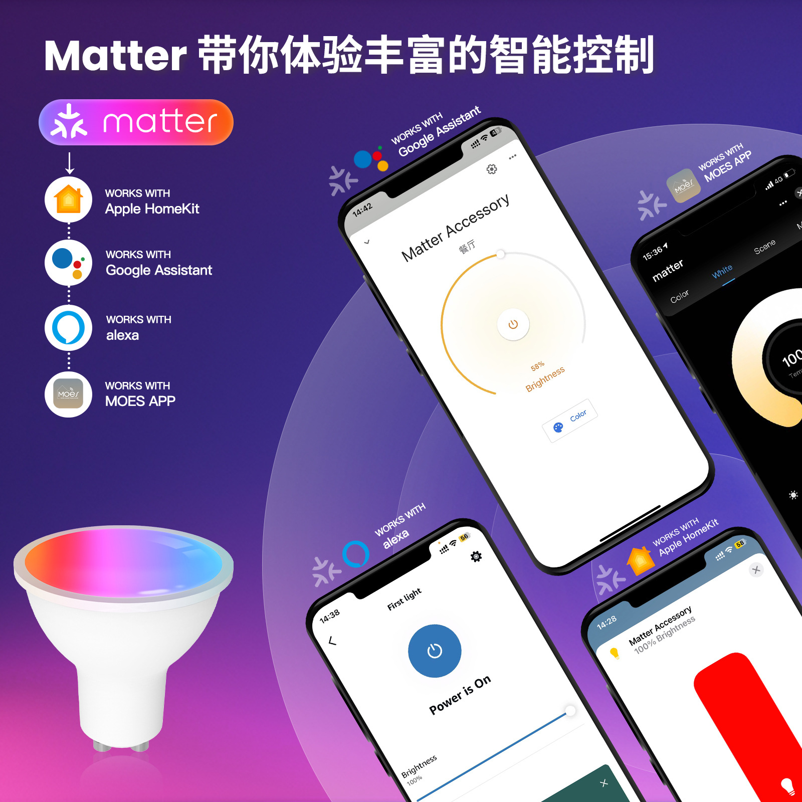 Matter智能家居LEDWiFi灯泡app远程控制调光GU10调光rgb灯杯