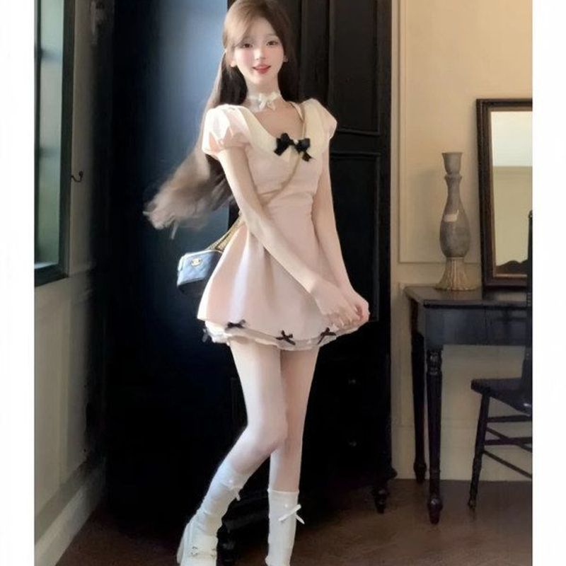 热恋千金风短裙夏季收腰显瘦设计感纯欲甜美蝴蝶结气质连衣裙女图片