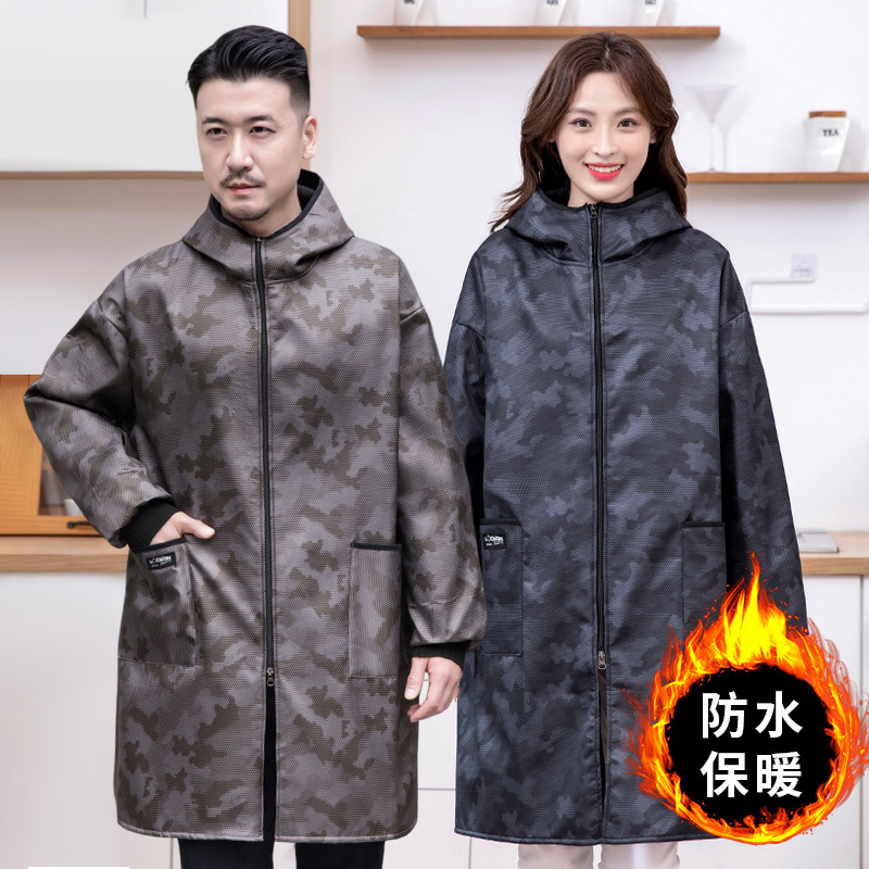防水罩衣长袖围裙上班时尚劳保大褂工作服外套男暗纹迷彩加绒保暖