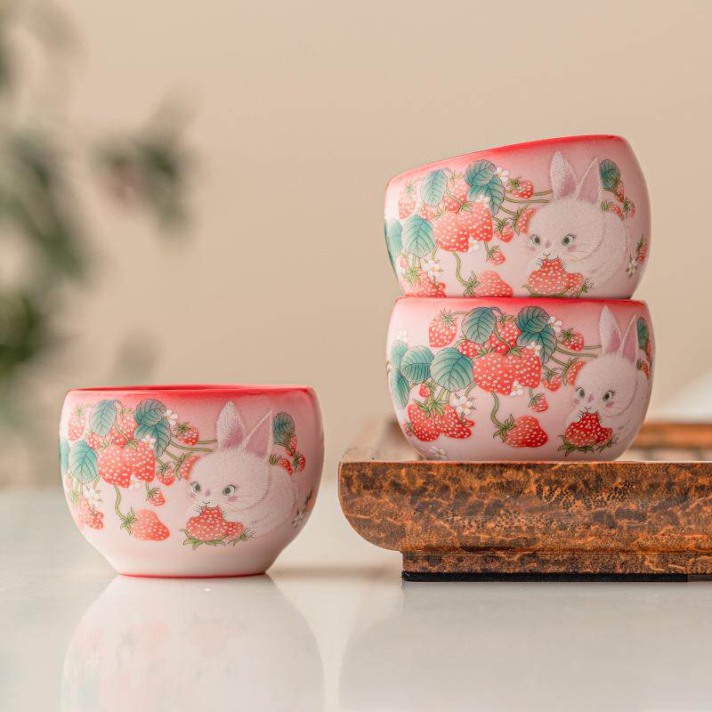 汝瓷凝脂朱粉兔子罗汉杯品名杯功夫茶具小茶杯主人杯家用杯碟套装