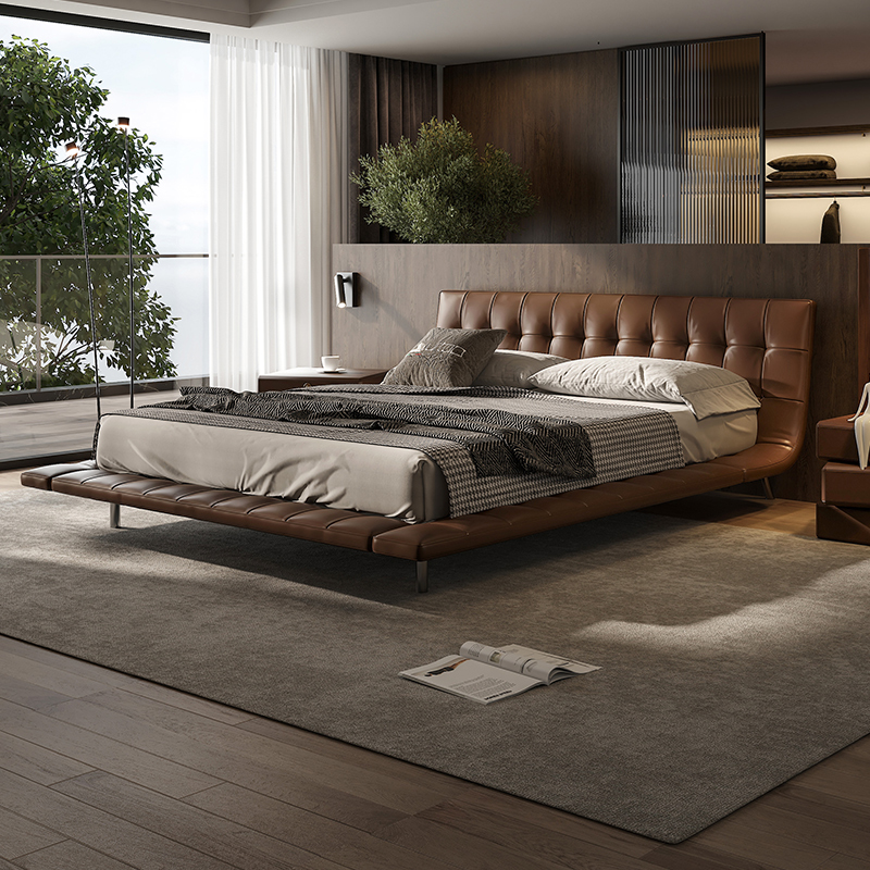 意式极简头层牛皮真皮床