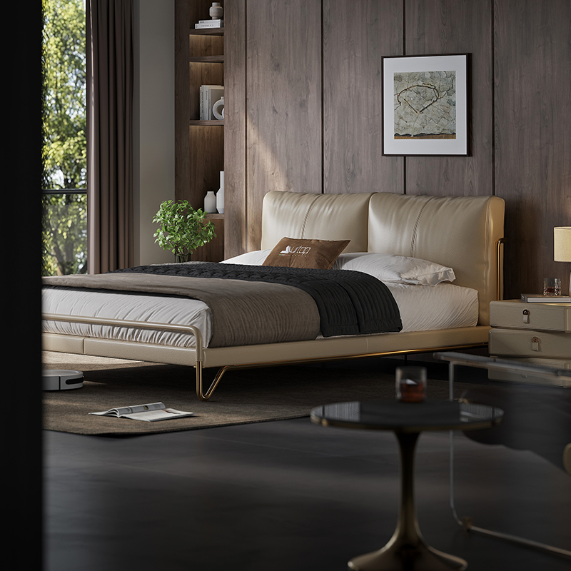 意式轻奢真皮软包床别墅卧室床高端简约不锈钢床架双人床2米x2米2