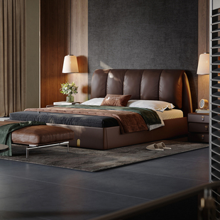 2026新款主卧高端大气双人真皮床意式极简轻奢婚床1米8卧室大床