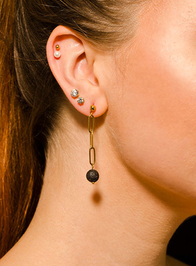 欧美轻奢天然黑色火山石18K镀金耳环气质时尚简约特色现货