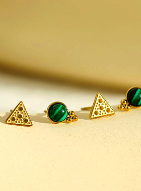 小巧2对孔雀石耳钉18K镀金三角形耳钉耳骨钉水果圆形欧美特色情侣