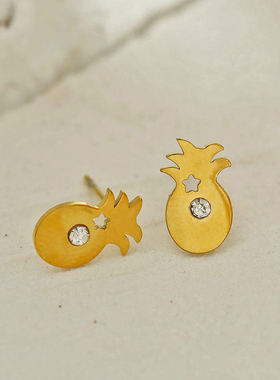可爱精致镶钻菠萝18K镀金耳钉水果欧美风轻奢特色不过敏独特k金