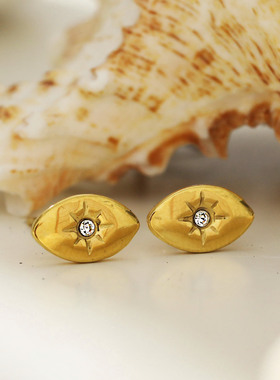 欧美轻奢简约斜眼眼睛太阳镶嵌锆钻耳钉18K镀金现货独特镀银气质