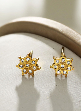 欧美轻奢简约雪花镶嵌锆钻耳钉18K镀金现货独特植物花卉镀银气质