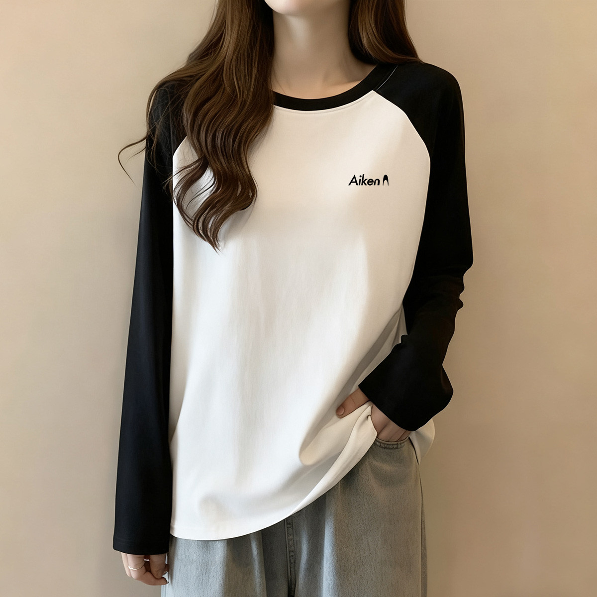 春秋季女款纯棉简约印花圆领撞色插肩袖T恤休闲百搭合身上衣内搭X