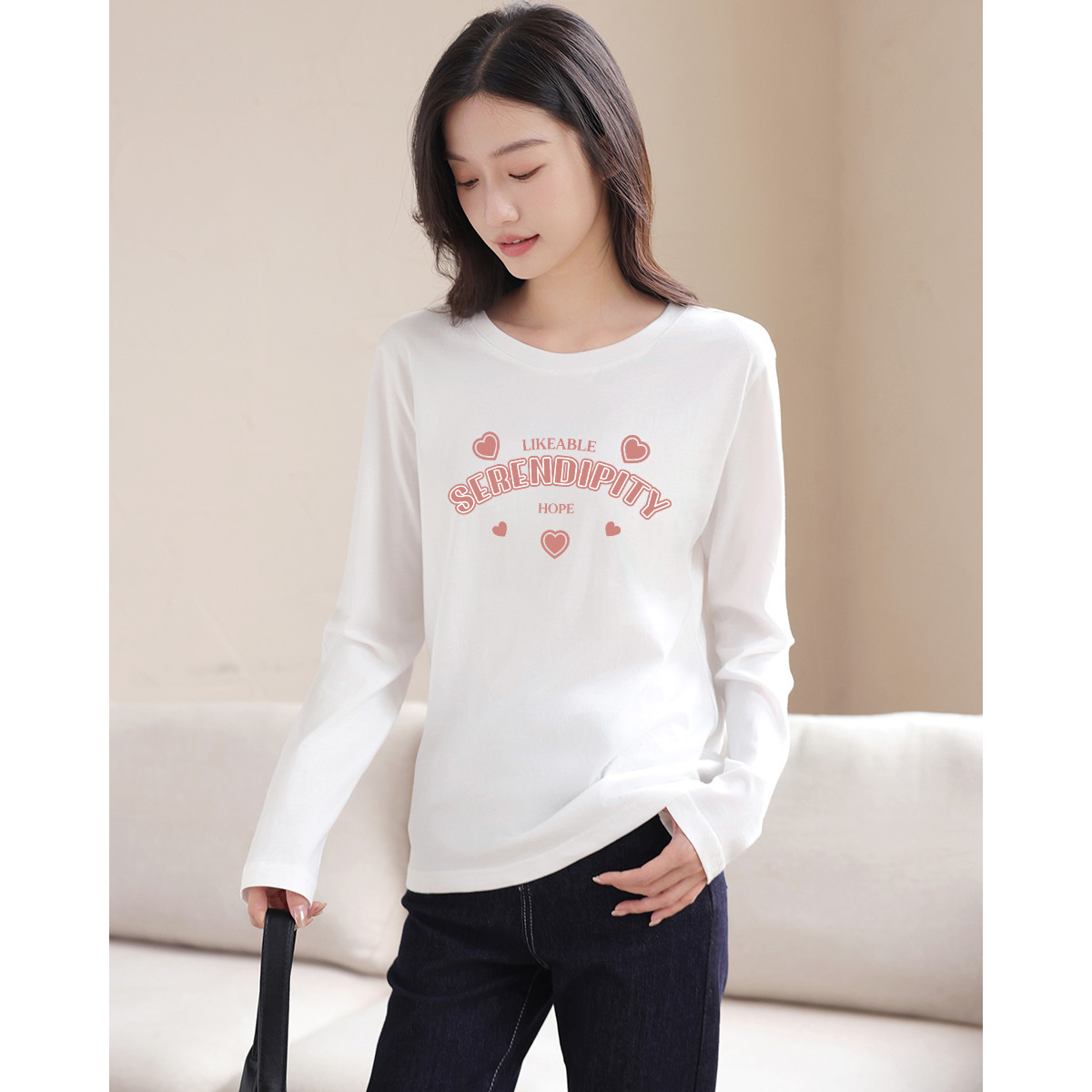 纯棉长袖t恤女秋季内搭外穿亲肤舒适合身正肩长袖上衣体恤打底衫X