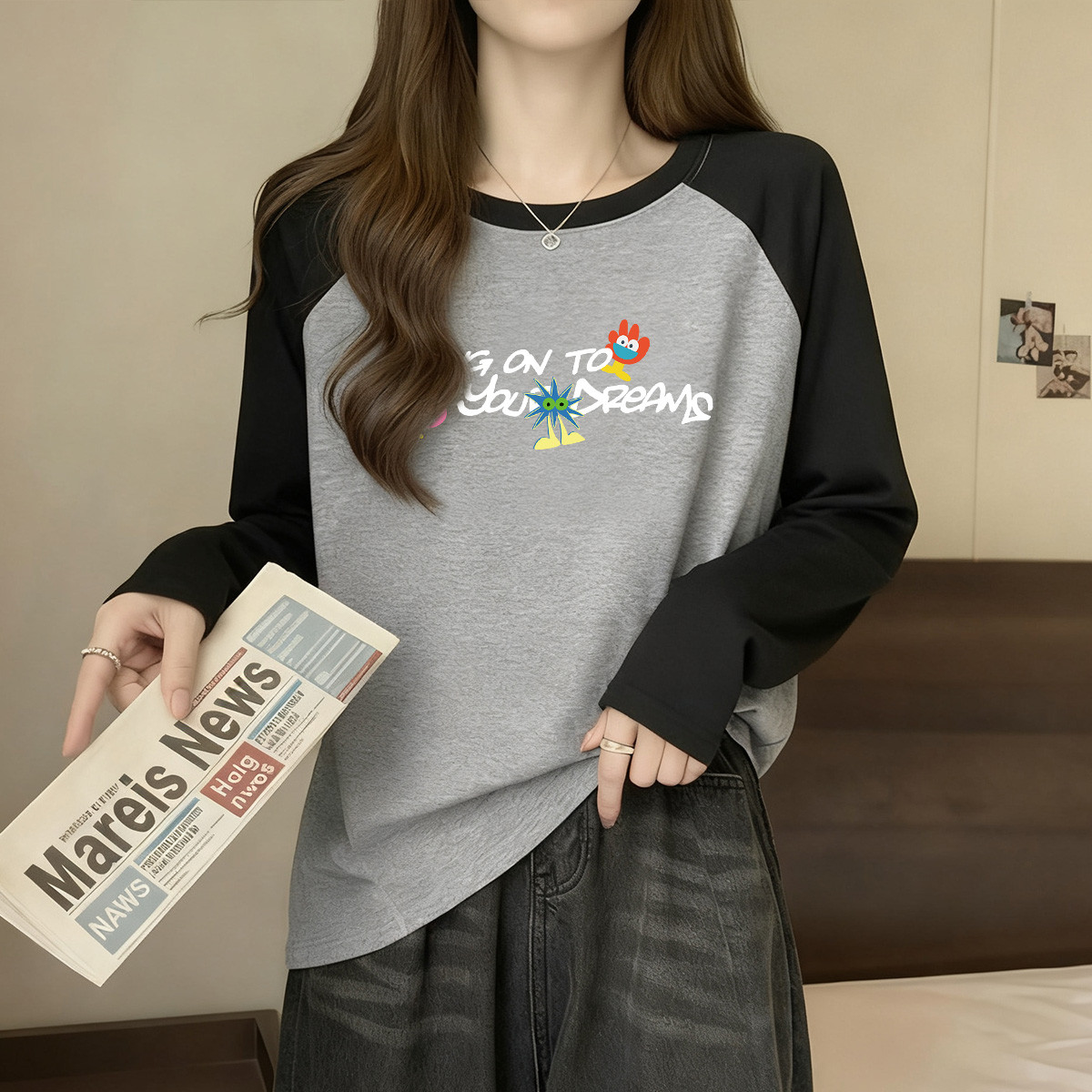 春秋女款纯棉亲肤字母印花插肩袖圆领合身T恤休闲日常百搭上衣X