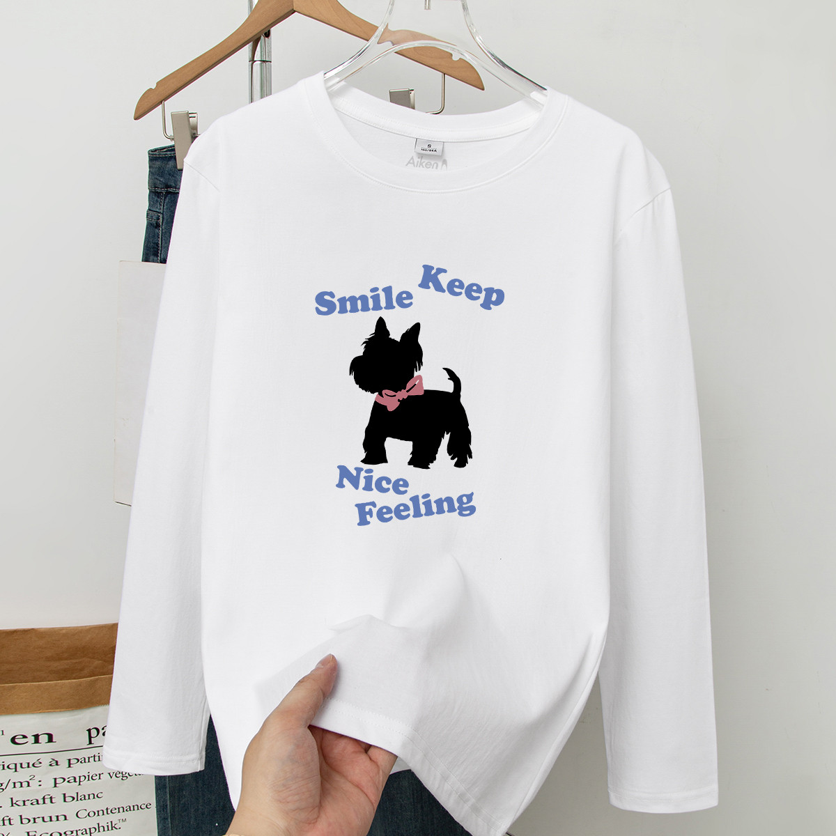 纯棉正肩长袖t恤女春秋季圆领合身趣味小狗印花休闲百搭打底上衣X