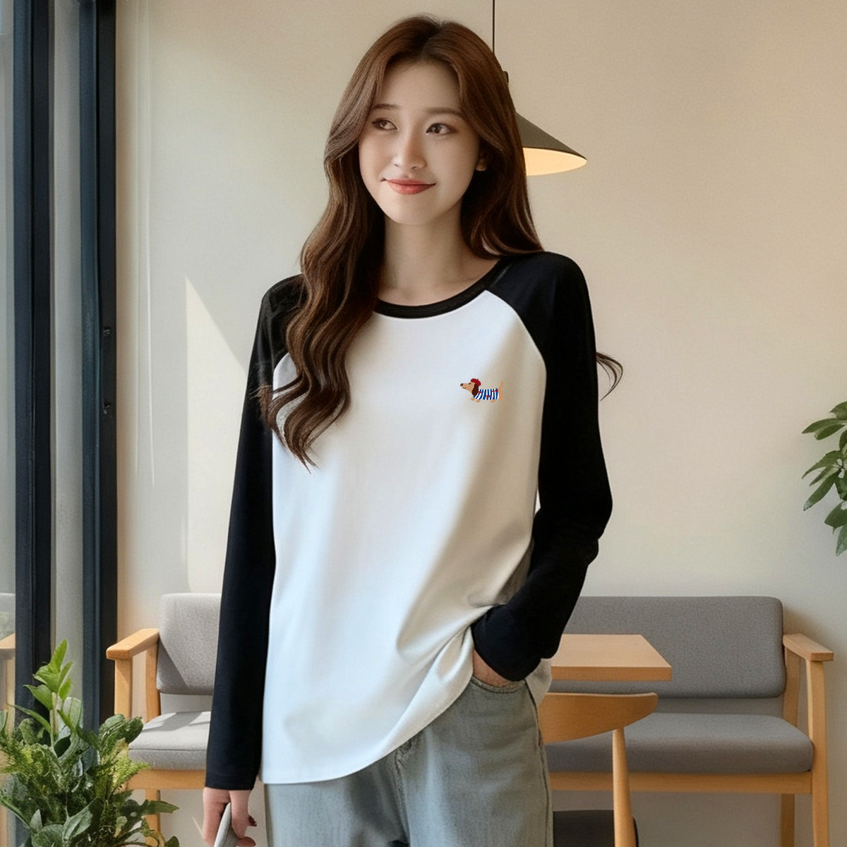 春秋季长袖T恤女款撞色插肩袖合身上衣休闲日常百搭圆领小个子X