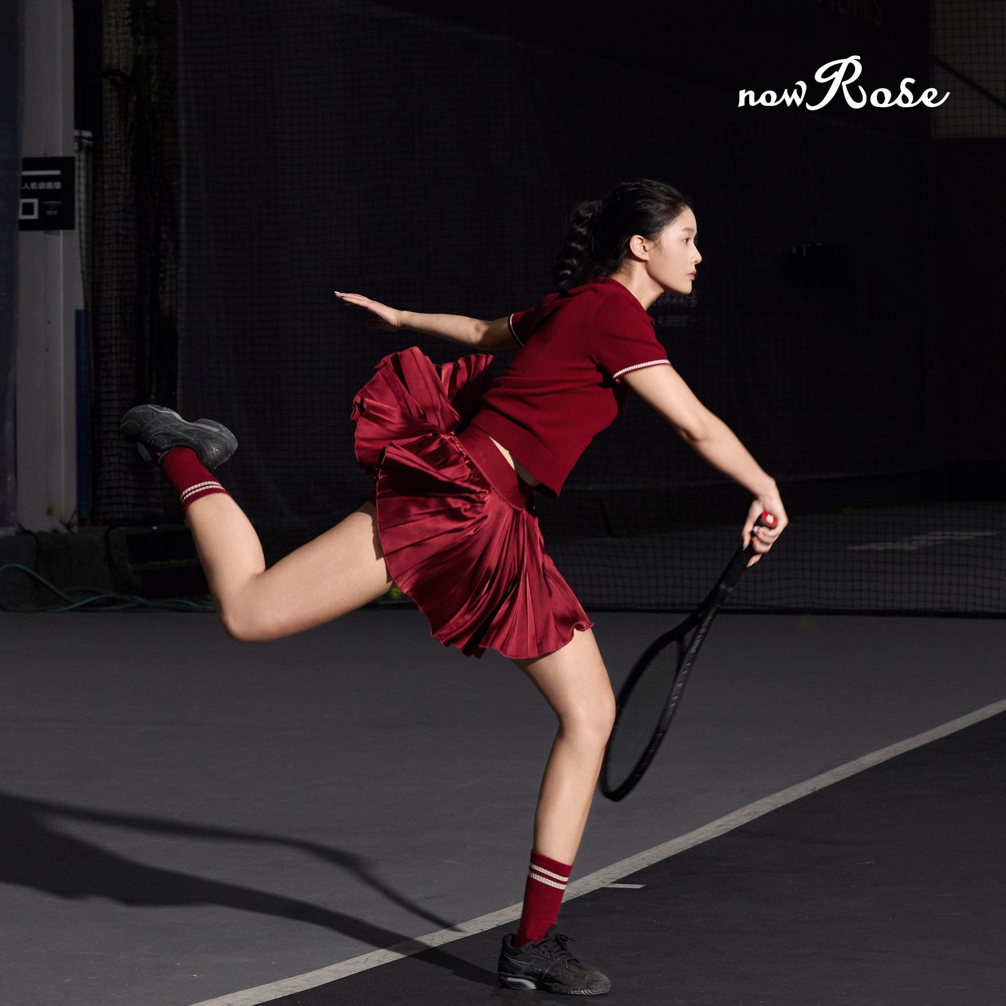 NowRose复古缎面网球百褶裙