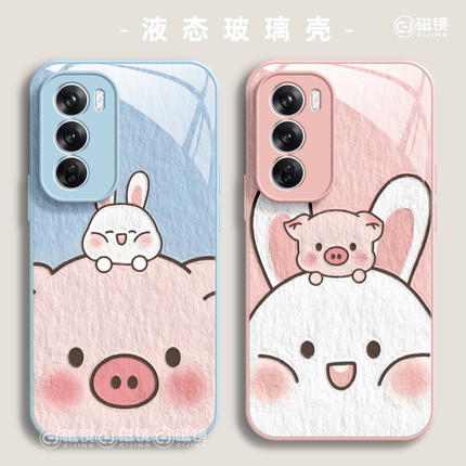 适用OPPOfindx8手机壳一1加13新款reno14pro小猪兔子K11玻璃真我硅胶GT7/6情侣ACE5硬K10男A1女a57/a32保护套