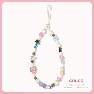 手机链高端挂绳挂饰新高级短款适用苹果华为吊坠小红书同款设计夏日清新奶蓝色奶油串珠手机壳ccd相机配饰