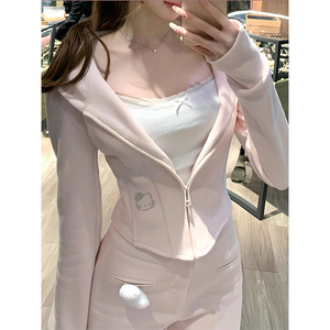 甜美修身鱼骨粉色运动休闲套装女春季2025新款短款卫衣长裤两件套