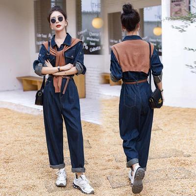 实拍欧洲站时髦流行深色牛仔连体裤潮2025春新款女休闲显瘦连衣裤